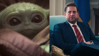 A side-by-side photo of The Mandalorian's Baby Yoda and Don't Look Up's Jonah Hill.