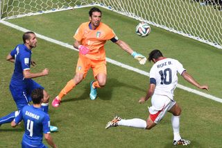 Bryan Ruiz heads past Gianluigi Buffon to give Costa Rica victory over Italy at the 2014 World Cup.