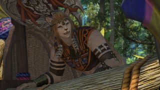 Wuk Lamat, one in line to become Dawnservant, grins widely as she rides a parade float through one of FF14: Dawntrail's earlier zones.