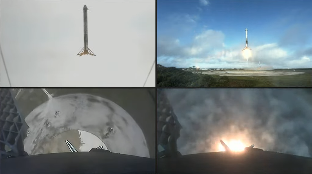 four quadrants of a screen with boosters landing on a launch pad, from the side and from the bottom