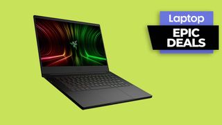 Razer Blade 14 gaming laptop with green background and epic deals text