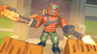 A zombie fighter holds two miniguns in Survive the Apocalypse.