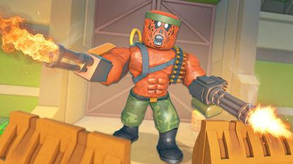 A zombie fighter holds two miniguns in Survive the Apocalypse.