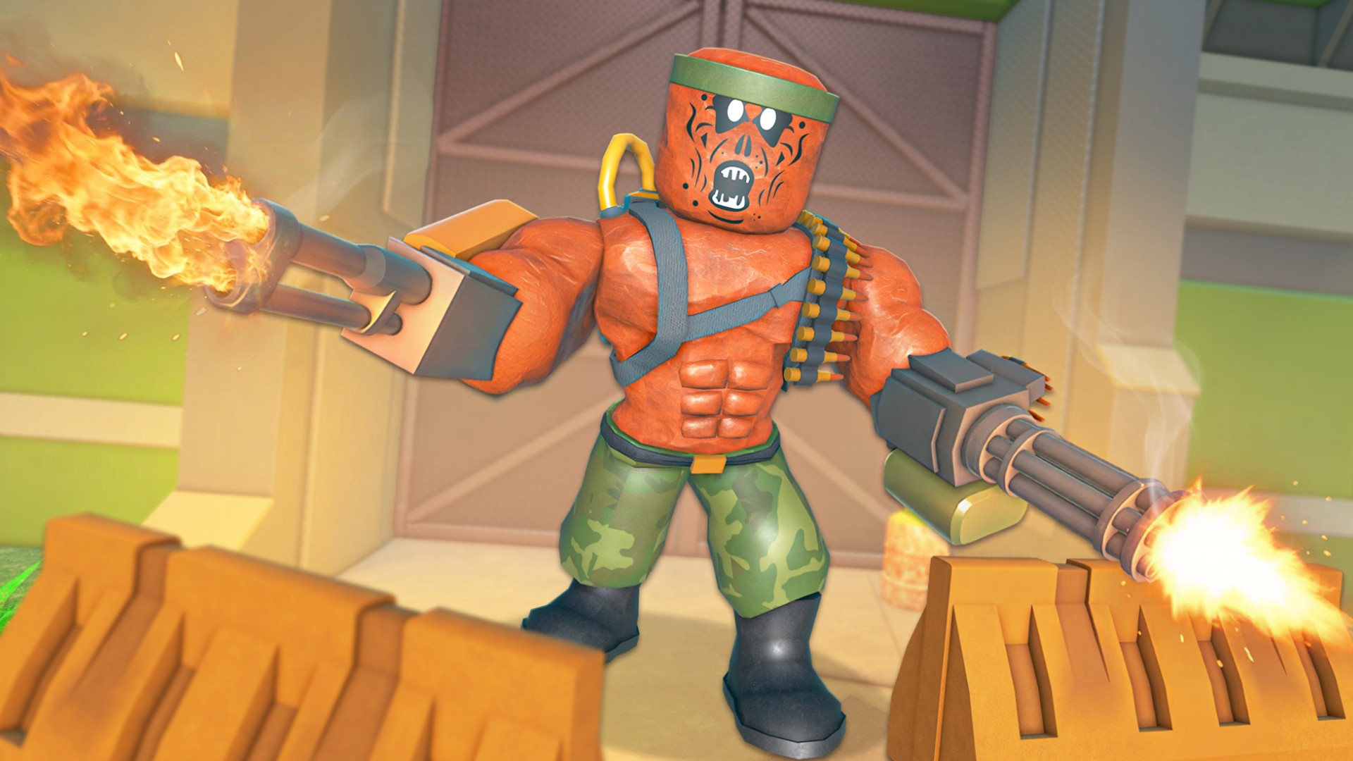 A zombie fighter holds two miniguns in Survive the Apocalypse.