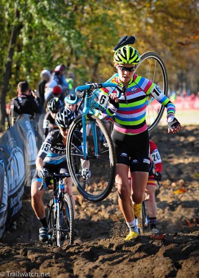 Emily Kachorek (#Getomoto) rode the sand pit in practice but found herself having to run during the race