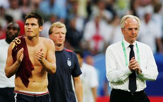 GELSENKIRCHEN, GERMANY - JULY 01: Frank Lampard of England and Manager Sven Goran Eriksson applaud the fans following defeat in the FIFA World Cup Germany 2006 Quarter-final match between England and Portugal played at the Stadium Gelsenkirchen on July 1, 2006 in Gelsenkirchen, Germany. (Photo by Alex Livesey/Getty Images)