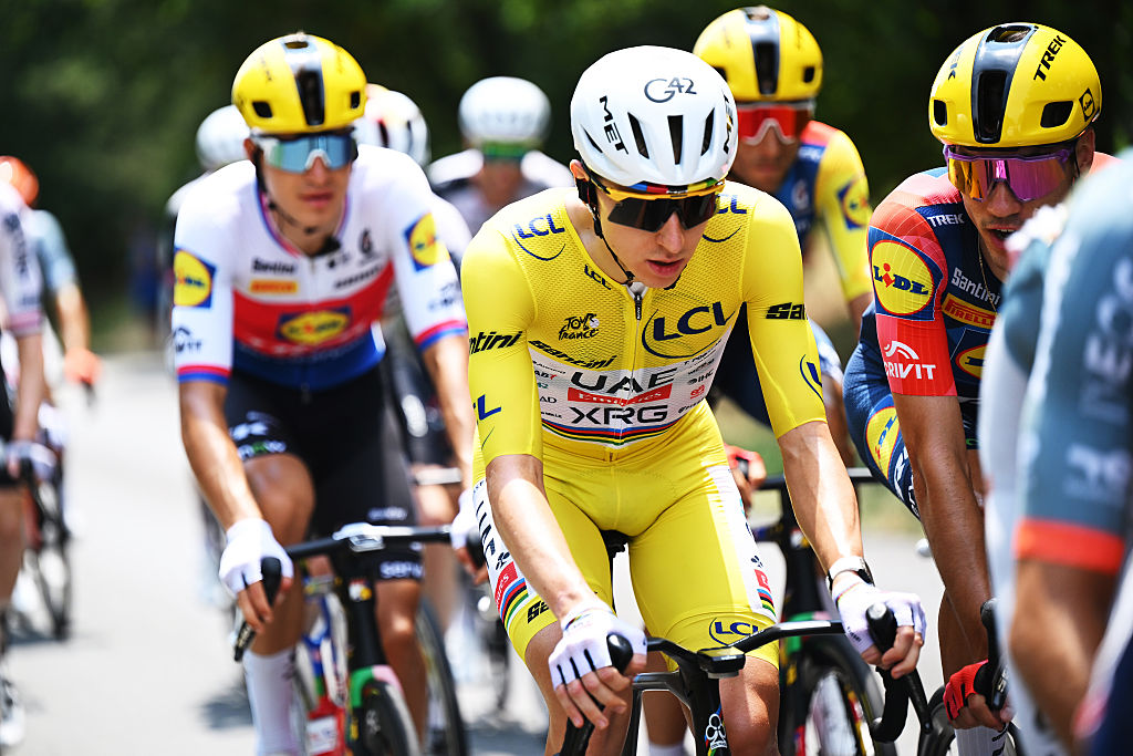 BORDEAUX, FRANCE - JULY 10: (L-R) Tadej Pogacar of Slovenia and UAE Team Emirates - XRG - Yellow Leader Jersey and Juan Ayuso of Spain and Team Lidl - Trek compete during the 113th Tour de France 2026, Stage 7 a 175.1km stage from Hagetmau to Bordeaux / #UCIWT / on July 10, 2026 in Bordeaux, France. (Photo by Tim de Waele/Getty Images)