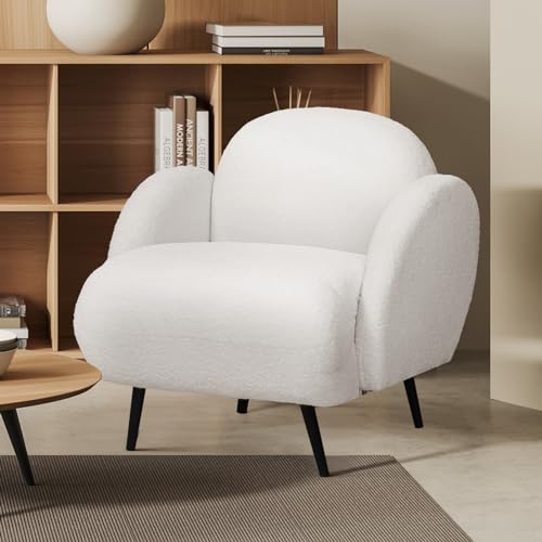 Levede Armchair Boucle Sherpa White Fabric Recliner Lounge Accent Chairs Single Sofa Nursing Occasional Seat Reading Seating Armchairs Home Living Room Bedroom Furniture, White 25cm Thick Padding