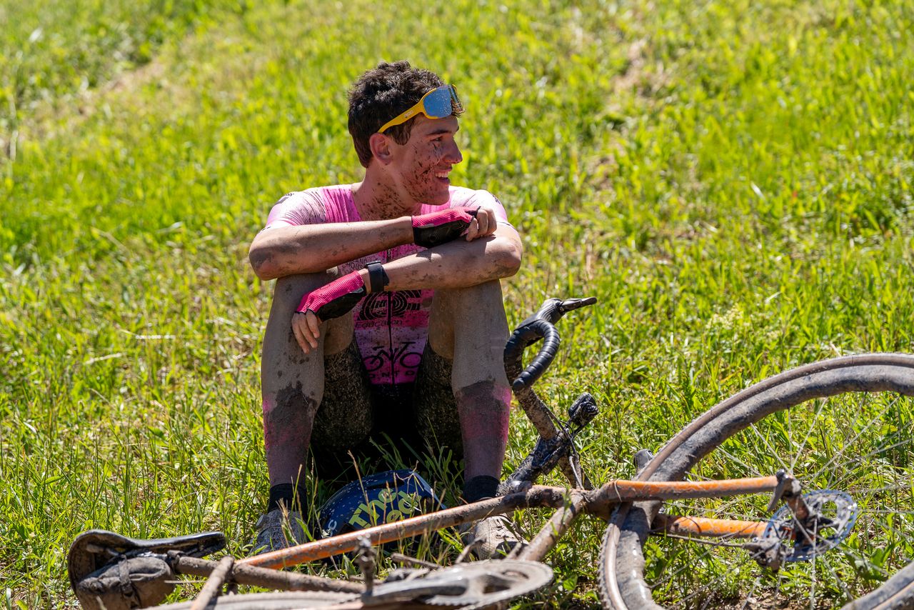 Ashlin Barry (EF Education-ONTO) reacts after winning elite men's title at 2024 Blue Mountain Gravel Fondo