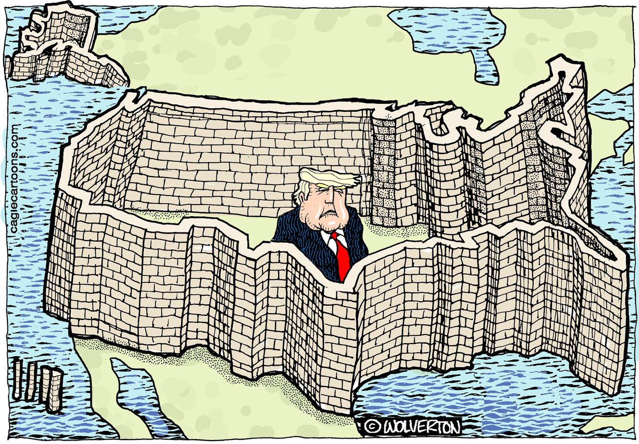 Political cartoon US Trump trade war tariffs Mexico Canada wall