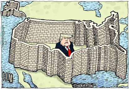 Political cartoon US Trump trade war tariffs Mexico Canada wall