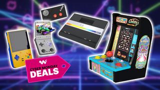 Retroid Pocket Classic, Miyoo V2, Atari console, and Ms. Pac-Man Arcade Bartop on a fun 80s retro background.