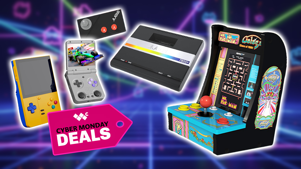 Retroid Pocket Classic, Miyoo V2, Atari console, and Ms. Pac-Man Arcade Bartop on a fun 80s retro background.