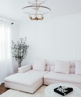 A monochrome living room with a white couch