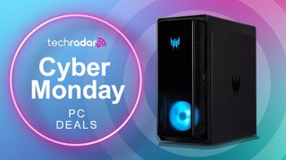 The Acer Predator Orion 3000 gaming PC on a blue and pink background with the text 'TechRadar Cyber Monday PC deals'.