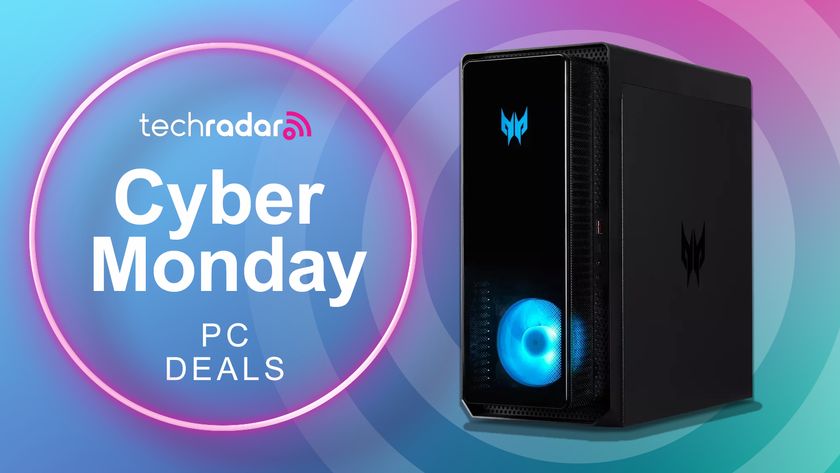 The Acer Predator Orion 3000 gaming PC on a blue and pink background with the text &#039;TechRadar Cyber Monday PC deals&#039;.