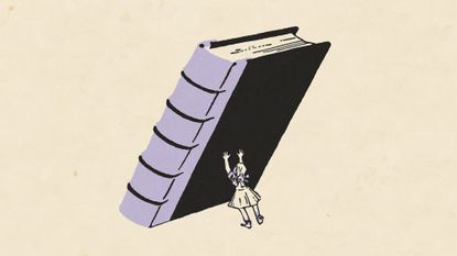 Vintage style illustration of a little girl holding up a massive book that teeters over her like a trap, ready to crush her