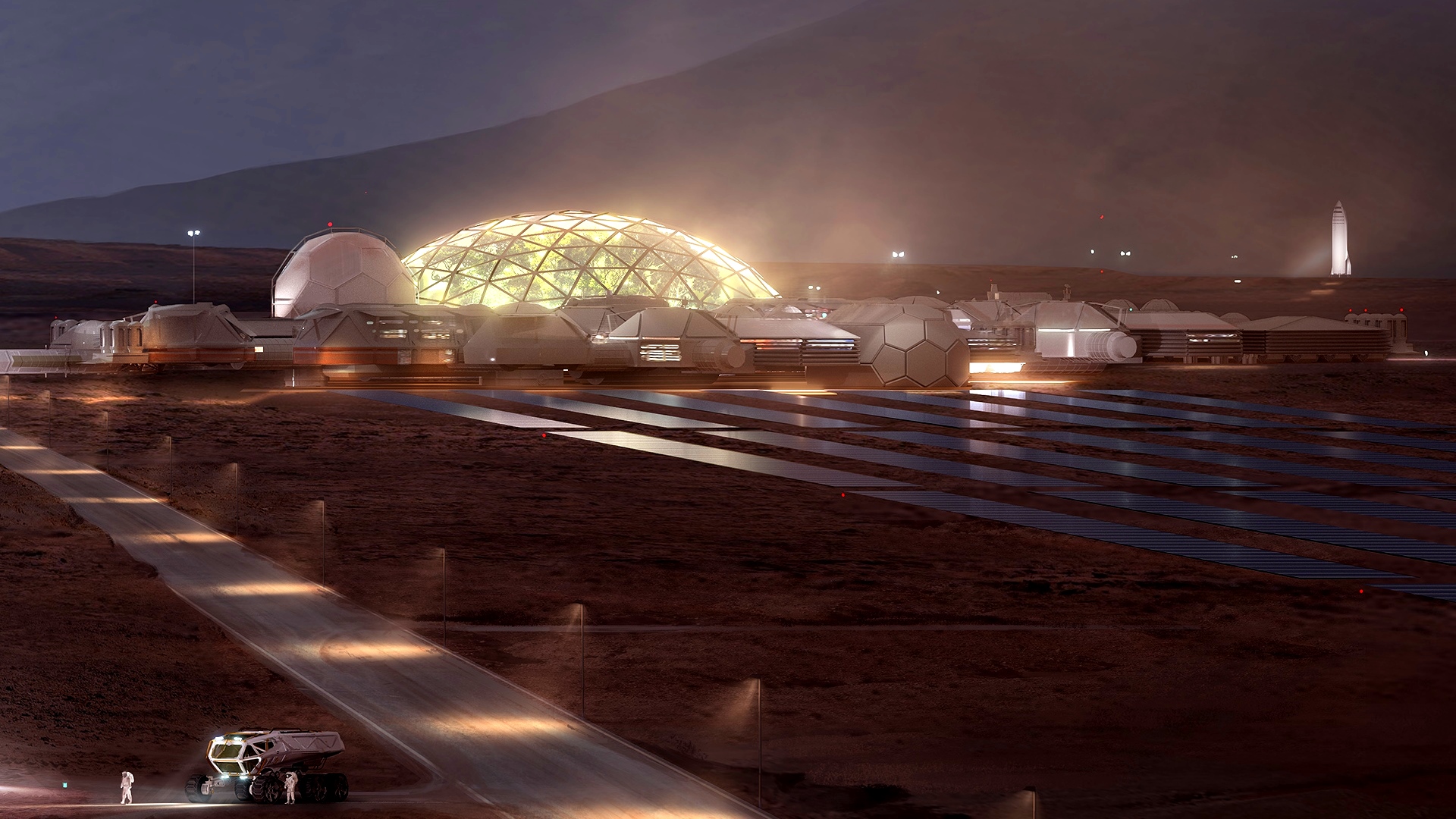 A Mars base with a domed biosphere in the background and several launch pads with Starships on them