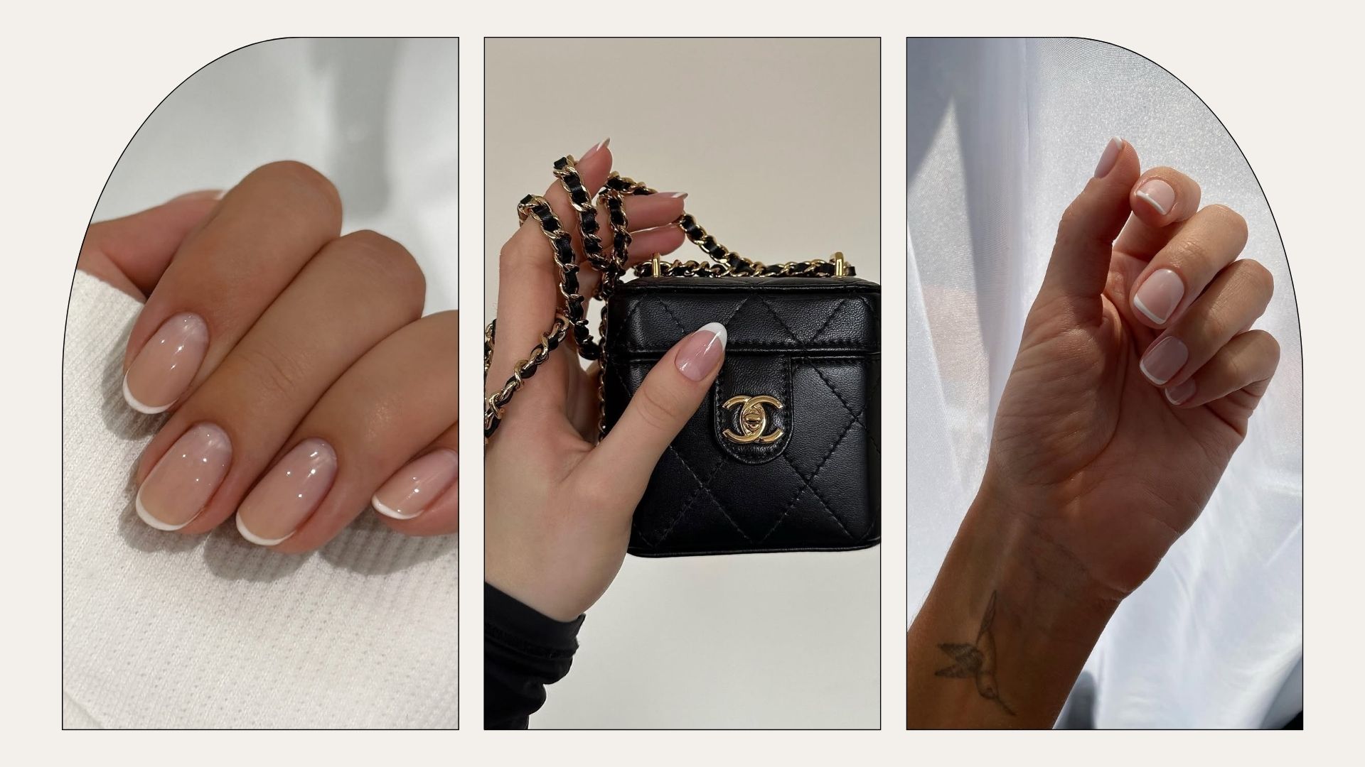 A collage of the best short french tip manicure ideas, including images from @bynatashad, @saruhnails and @rosiehw