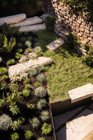 Overhead shot of garden with some lawn, oversized pavers and organic planting