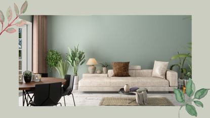 Sage green living room with beige sofa and brown cushions to support the sage green colour trend