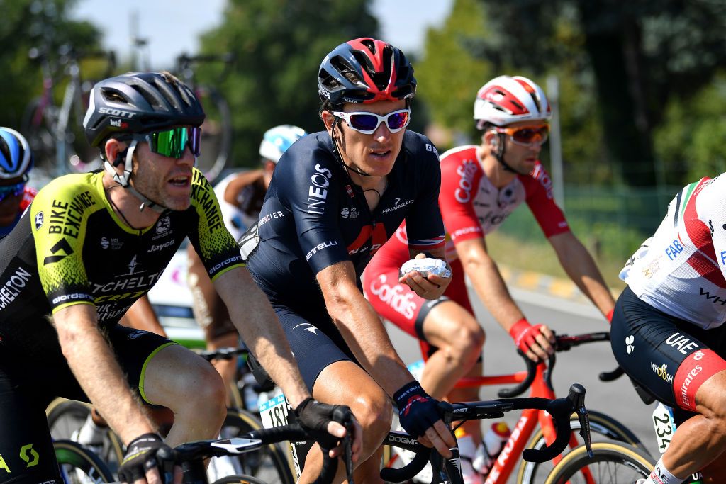 LORETO ITALY SEPTEMBER 13 Brent Bookwalter of The United States and Team MitcheltonScott Geraint Thomas of The United Kingdom and Team INEOS Grenadiers feeding during the 55th TirrenoAdriatico 2020 Stage 7 a 181km stage from Pieve Torina to Loreto 114m TirrenAdriatico on September 13 2020 in Loreto Italy Photo by Justin SetterfieldGetty Images