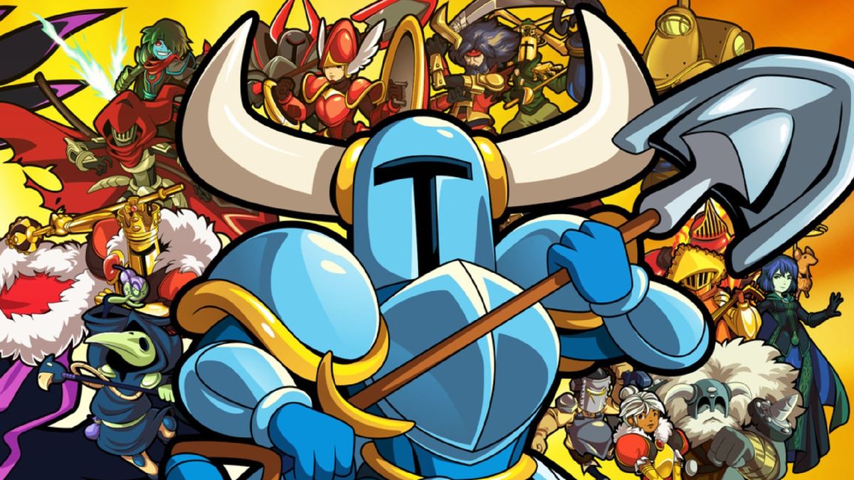 Shovel Knight key art showing the titular knight brandishing his titular shovel in front of a gaggle of the supporting cast.