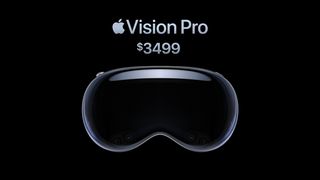The Apple Vision Pro on a black background with its price and name above it.
