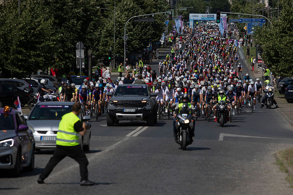 Cyclists set off at the start of the Gran Fondo Novi Sad race on Bulevar Mihajla Pupina in Novi Sad, Serbia, on June 8, 2025. The event offers two race distances, both with start and finish in Novi Sad. The longer route is 100 km with 1500 m of climbing, while the shorter 77 km course has 1200 m of climbing. (Photo by Maxim Konankov/NurPhoto)
