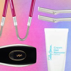 Best Facial Hair Removal Devices including tweezerman and razor on a pink gradient background
