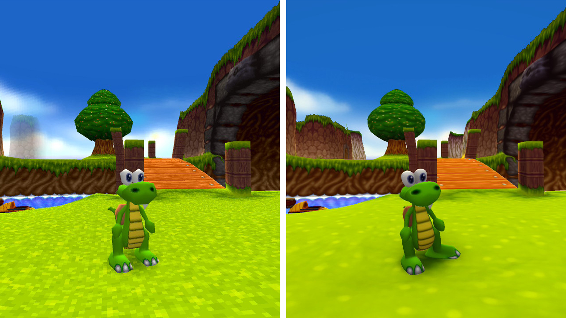 Screens of video game Croc 2, one is retro PS1 graphics the other new remaster visuals