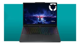 The Lenovo Legion 5i Gen 10 gaming laptop on a teal deals background