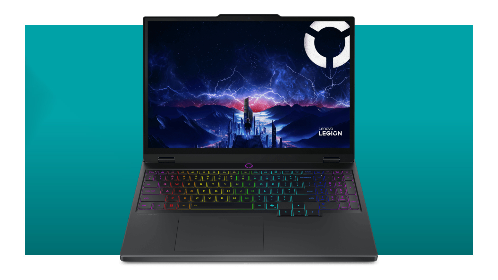 The Lenovo Legion 5i Gen 10 gaming laptop on a teal deals background