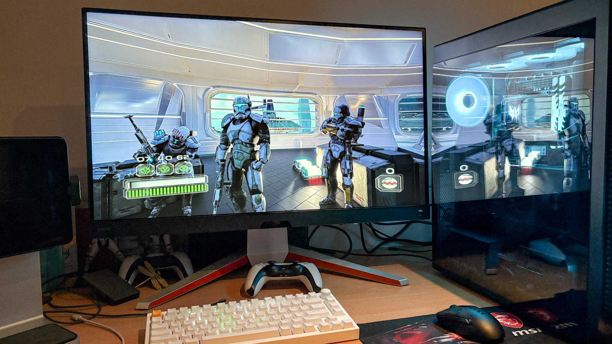 Star Wars: Republic Commando RTX Remix gameplay shown on display with gaming PC and keyboard and PS5 controller on desk