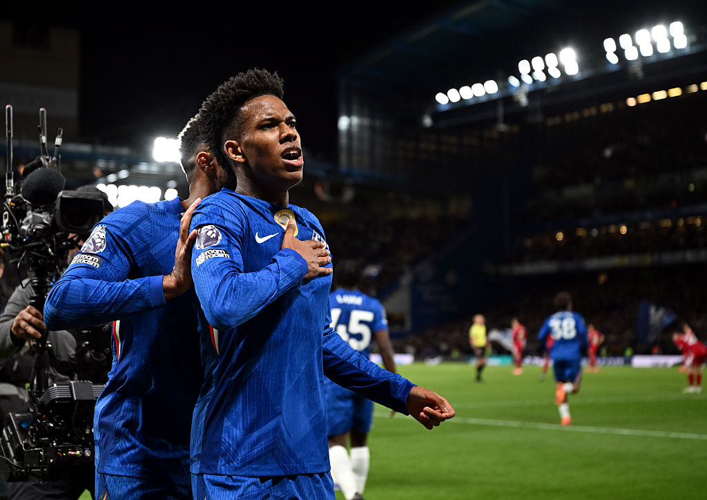 Estevao of Chelsea celebrates scoring his team's second goal during the Premier League match between Chelsea and Liverpool at Stamford Bridge on October 04, 2025 in London, England.
