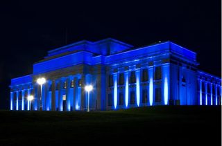 The War Memorial Museum in Auckland New Zealand lit up blue for the birth of the royal baby