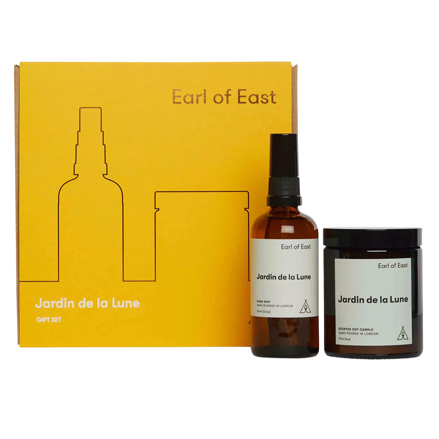 A gift set box and two amber bottles holding a room spray and a candle