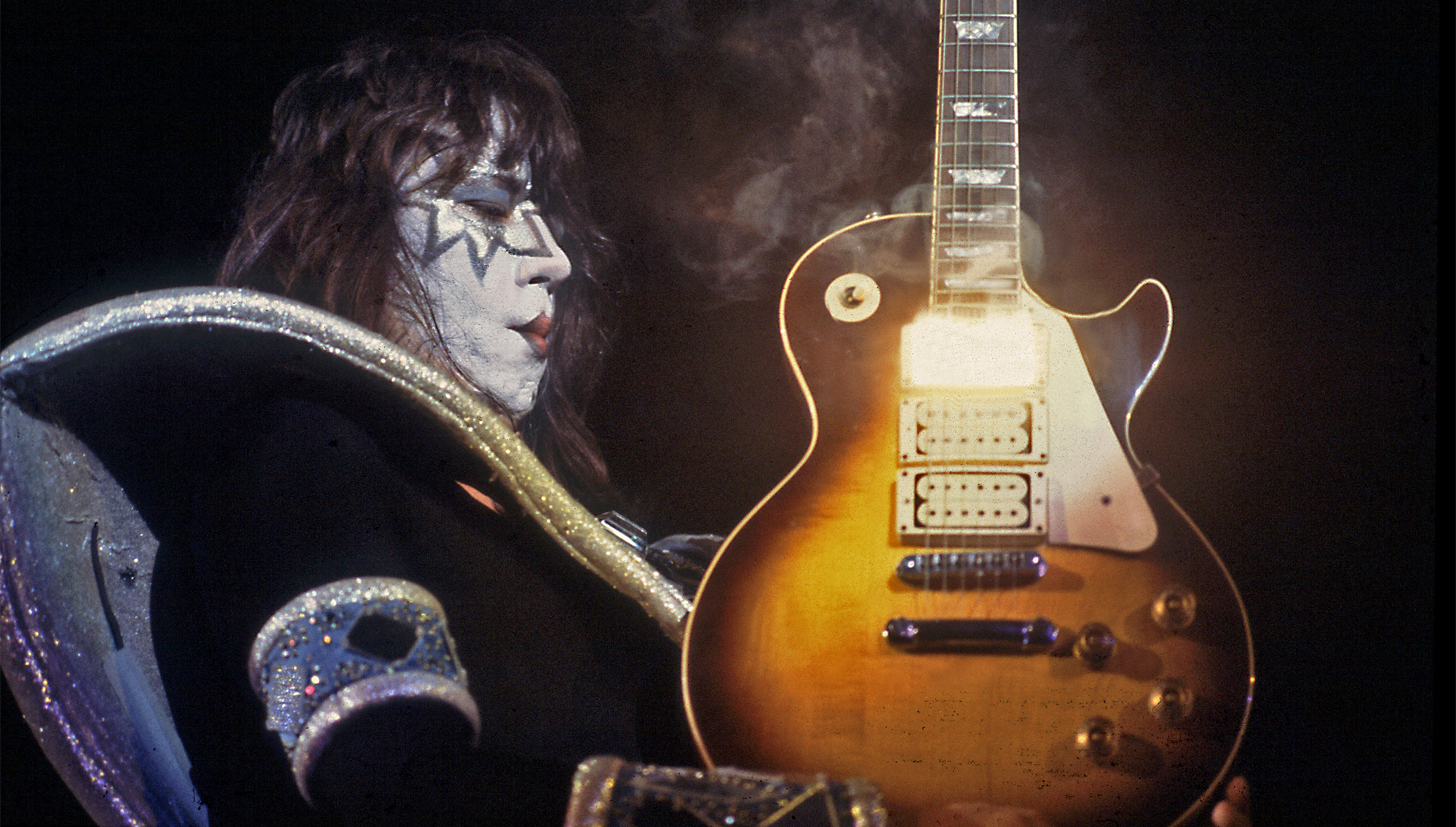 American musician Ace Frehley of the group Kiss performs at the International Ampitheater, Chicago, Illinois, September 22, 1979. 