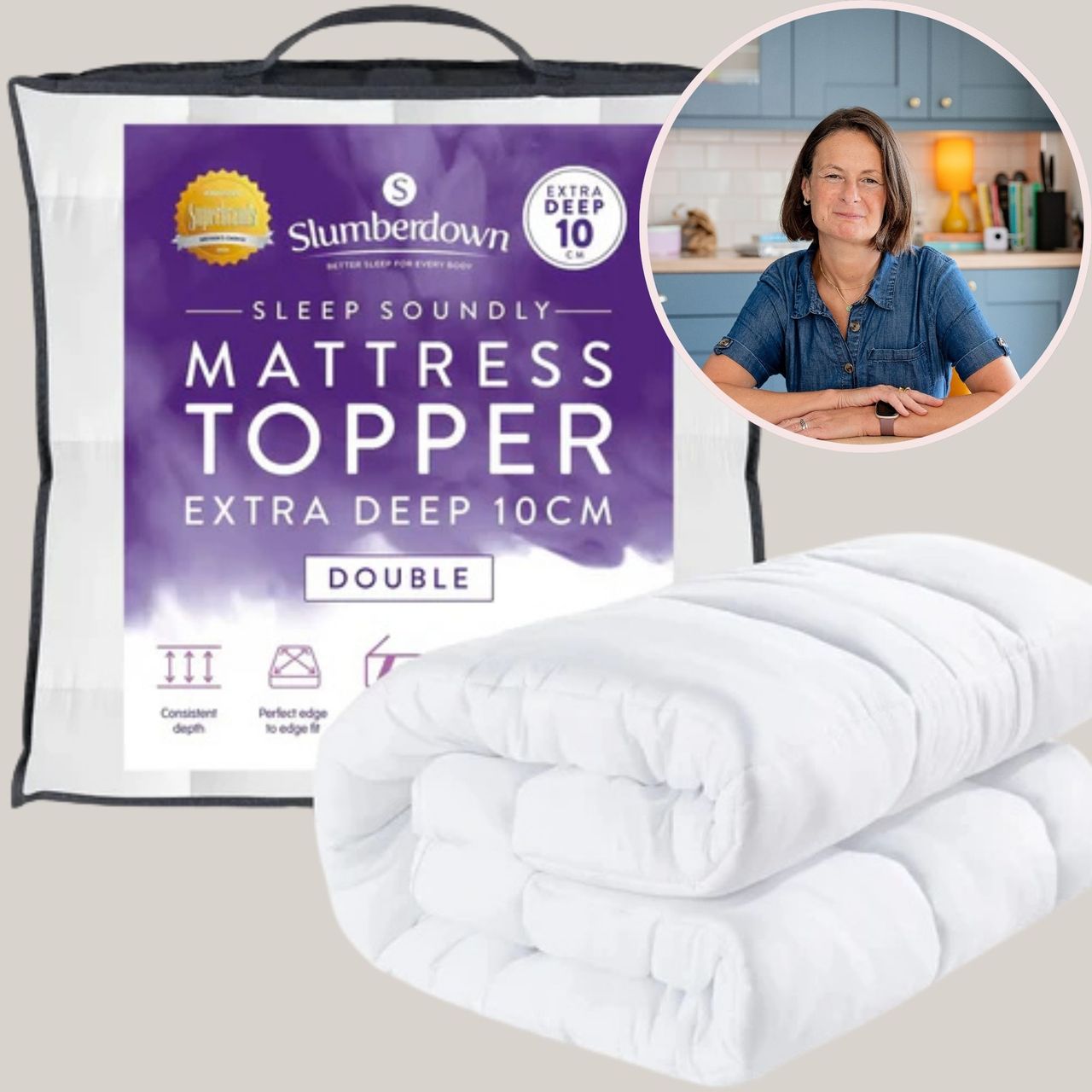 The Slumberdown Sleep Soundly Mattrress Topper alongside a small image of the tester