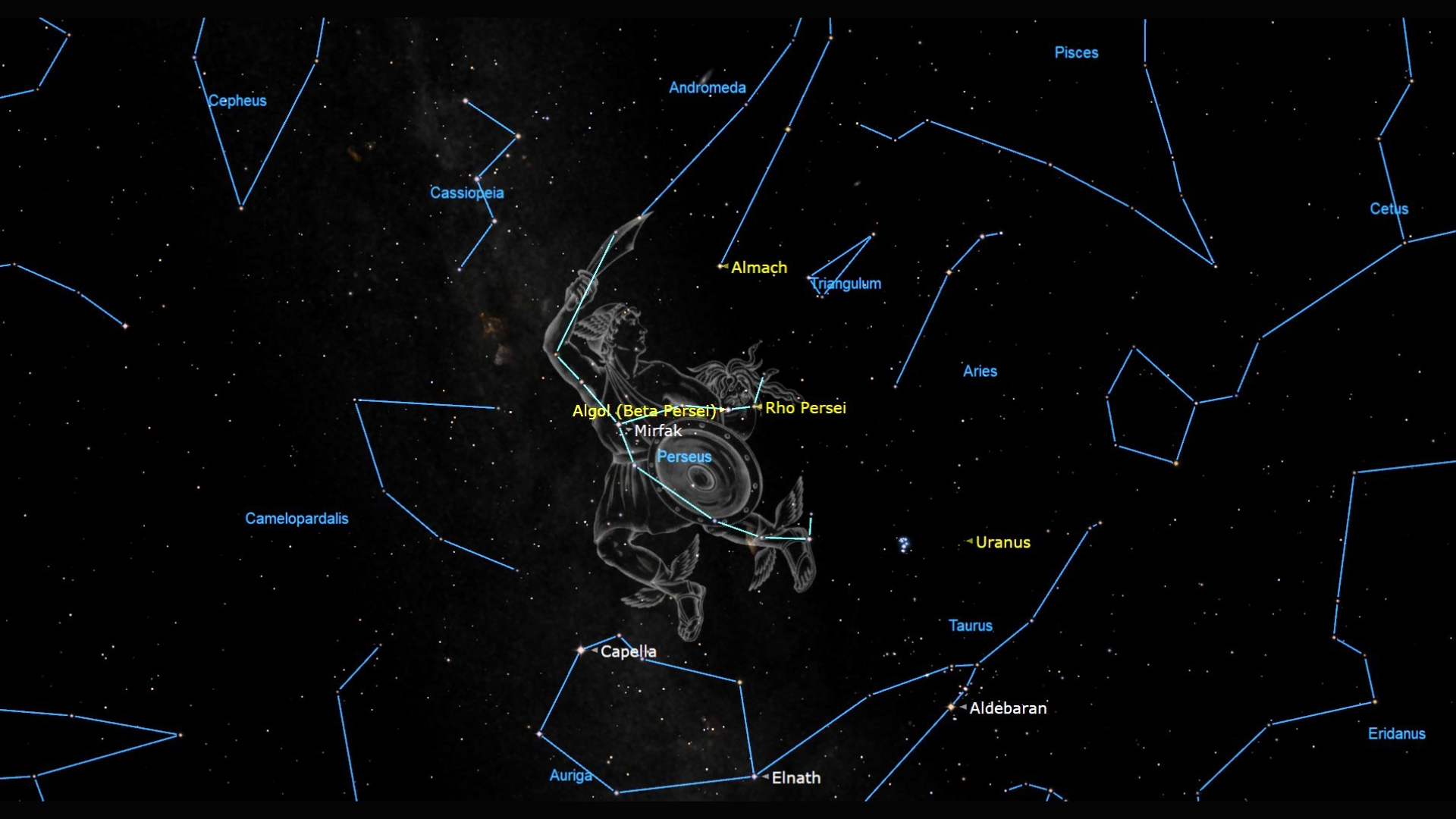 A map of the night sky showing the drawing of a warrior for the Perseus constellation with a labeled dot for the star Algol in yellow font near the center of the image