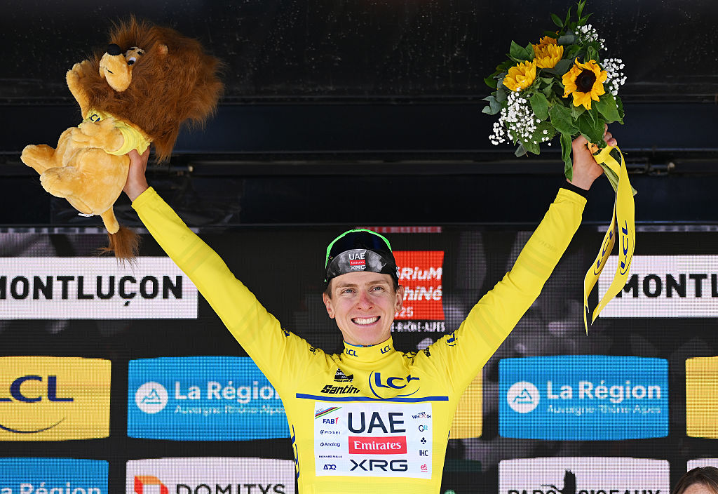MONTLUCON FRANCE JUNE 08 Tadej Pogacar of Slovenia and UAE Team Emirates XRG celebrates at podium as Yellow leader jersey winner during the 77th Criterium du Dauphine 2025 Stage 1 a 1958km stage from Domerat to Montlucon UCIWT on June 08 2025 in Montlucon France Photo by Dario BelingheriGetty Images