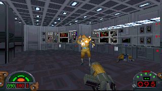 Still from the video game Star Wars: Dark Forces. The room is a futuristic computer room designed in a 2.5D pixel art style. You are holding a gun and shooting an enemy in front of you.