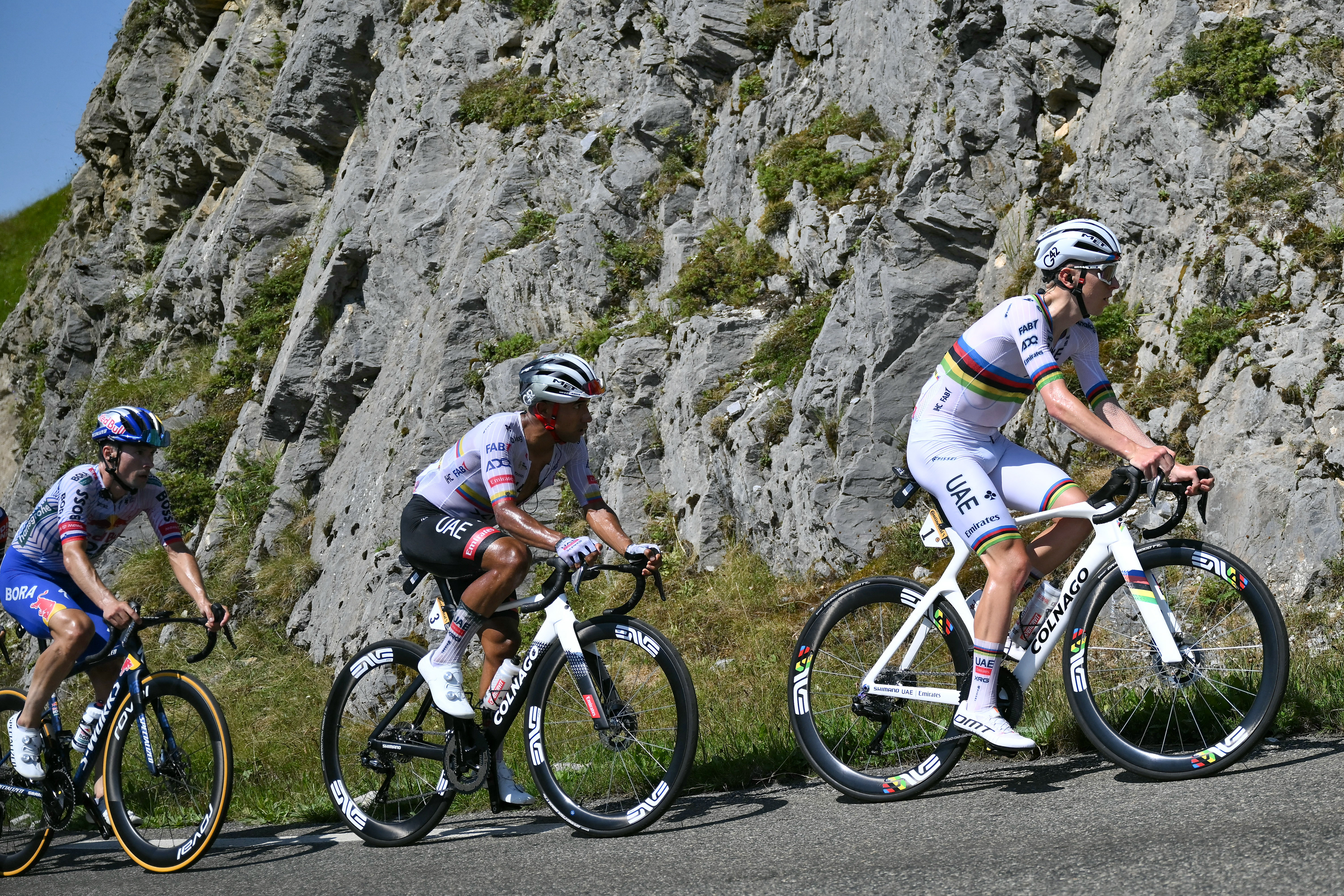 (From L) Red Bull - BORA - hansgrohe team's Slovenian rider Primoz Roglic, UAE Team Emirates - XRG team's Ecuadorian rider Jhonatan Narvaez UAE Team Emirates - XRG team's Slovenian rider Tadej Pogacar and Team Visma - Lease a bike team's US rider Matteo Jorgenson cycle in the ascent of Col du Soulor during the 12th stage of the 112th edition of the Tour de France cycling race, 180.6 km between Auch and Hautacam, in the Pyrenees mountains of southwestern France, on July 17, 2025. (Photo by Marco BERTORELLO / AFP) (Photo by MARCO BERTORELLO/AFP via Getty Images)
