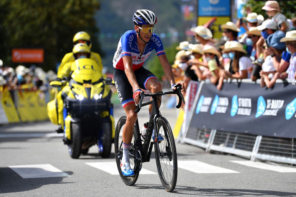 SAINT MARTIN DE BELLEVILLE FRANCE AUGUST 14 Arrival Warren Barguil of France and Team Arkea Samsic during the 72nd Criterium du Dauphine 2020 Stage 3 a 157km stage from Corenc to Saint Martin de Belleville 1419m dauphine Dauphin on August 14 2020 in Saint Martin de Belleville France Photo by Justin SetterfieldGetty Images