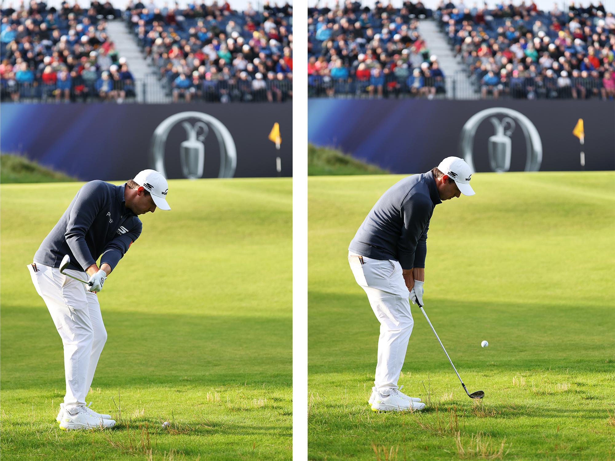 Side-by-side images of Matt Fitzpatrick, in the backswing and at impact when hitting a cross-handed chip shot at the Open Championship at Royal Portrush