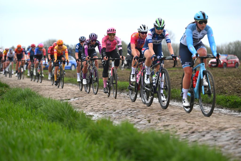 ROUBAIX FRANCE APRIL 08 LR Alison Jackson of Canada and Team EF EducationTibcoSvb and Femke Markus of The Netherlands and Team SD Worx compete during the 3rd ParisRoubaix Femmes 2023 a 1454km one day race from Denain to Roubaix UCIWWT on April 08 2023 in Roubaix France Photo by Luc ClaessenGetty Images