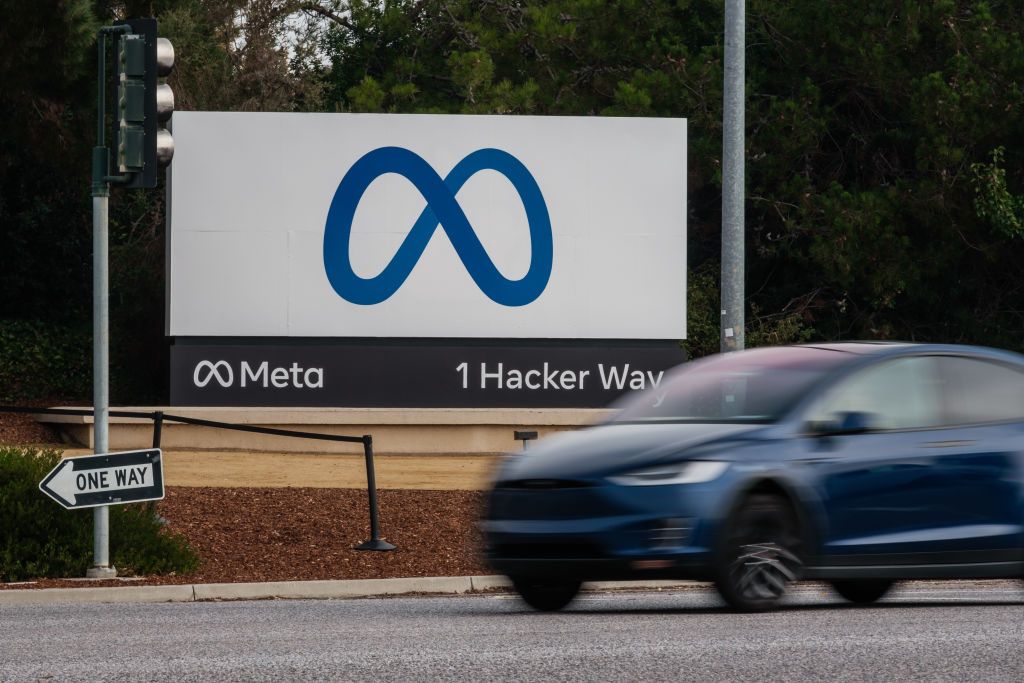 Meta Platforms signage outside the company&amp;#039;s headquarters in Menlo Park, California