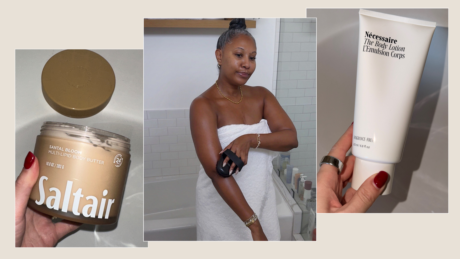 A collage of best body lotions alongside a photo of @tennillelife using a body brush on her skin