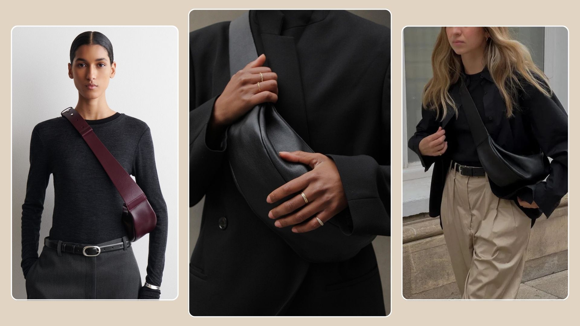 Model wears grey top, burgundy crossbody bag; Marisa wears black crossbody bag; Brittany wears black blazer, black t-shirt, beige chinos and black crossbody bag