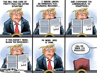 Political Cartoon U.S. Trump Executive Order Coronavirus Economy Blame Democrats